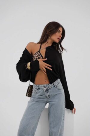 Asymmetrical Belted Leg Slit Jeans with unique design, featuring a belt and stylish leg slits for a modern, fashion-forward look.