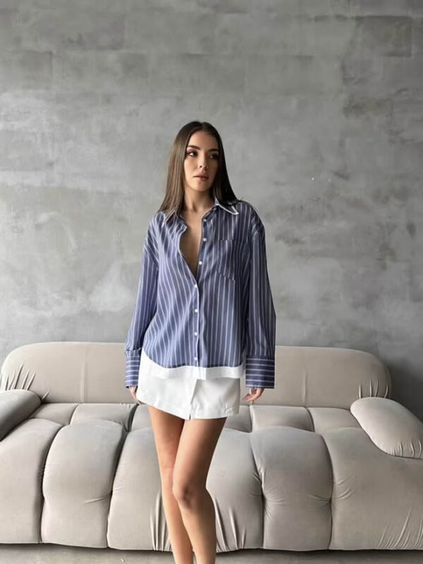 Line-Patterned Garnished Shirt